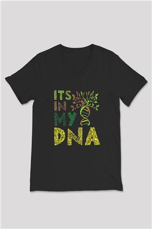 DNA Bahçe Baskılı Unisex V Yaka Siyah Tİşört - Tshirt