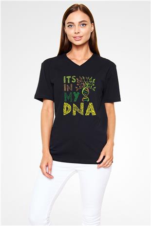 DNA Bahçe Baskılı Unisex V Yaka Siyah Tİşört - Tshirt