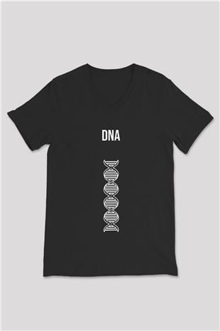 DNA Çift Sarmal Baskılı Unisex V Yaka Siyah Tİşört - Tshirt