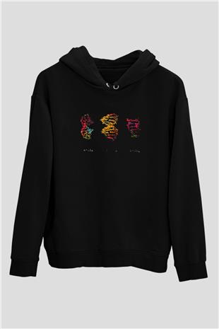 DNA Molekülleri Renkli Baskılı Unisex Siyah Hoodie