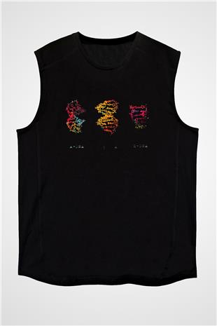 DNA Molekülleri Renkli Baskılı Unisex Kolsuz Siyah Tişört - Tshirt
