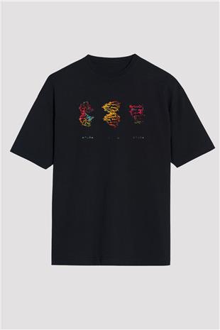 DNA Molekülleri Renkli Baskılı Unisex Oversize Tişört - Tshirt