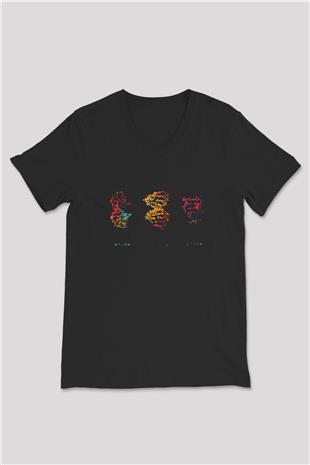 DNA Molekülleri Renkli Baskılı Unisex V Yaka Siyah Tİşört - Tshirt