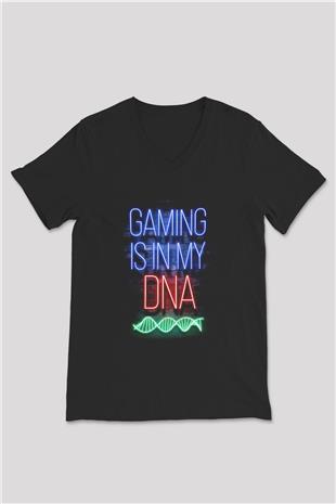 DNA Neon Baskılı Unisex V Yaka Siyah Tİşört - Tshirt