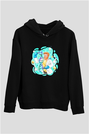 Dna Sarmalı Laborant Baskılı Unisex Siyah Hoodie