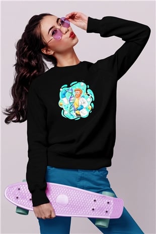 Dna Sarmalı Laborant Baskılı Unisex Siyah Sweatshirt