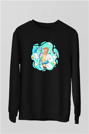 Dna Sarmalı Laborant Baskılı Unisex Siyah Sweatshirt
