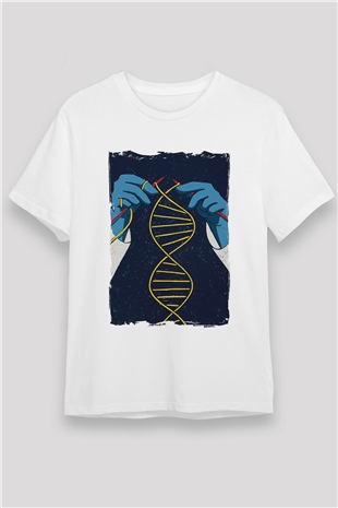Dna Sarmalı Örgü Baskılı Unisex Beyaz Tişört