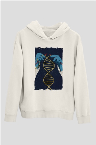 Dna Sarmalı Örgü Baskılı Unisex Beyaz Hoodie