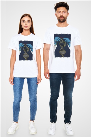 Dna Sarmalı Örgü Baskılı Unisex Beyaz Tişört