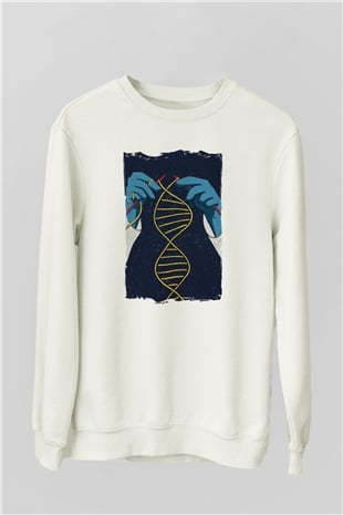 Dna Sarmalı Örgü Baskılı Unisex Beyaz Sweatshirt
