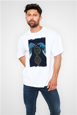 Dna Sarmalı Örgü Baskılı Unisex Beyaz Oversize Tişört