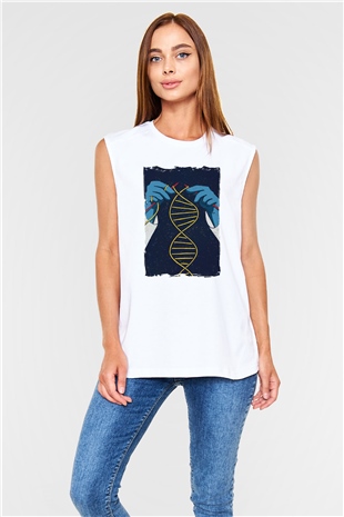 Dna Sarmalı Örgü Baskılı Unisex Beyaz Kolsuz Tişört