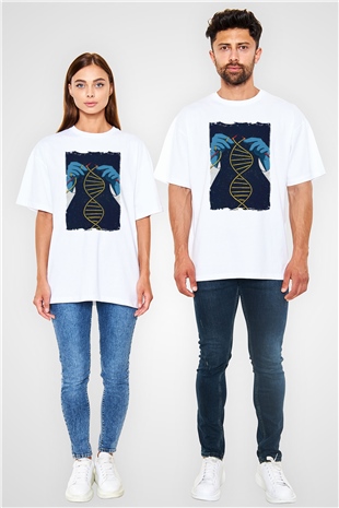 Dna Sarmalı Örgü Baskılı Unisex Beyaz Oversize Tişört