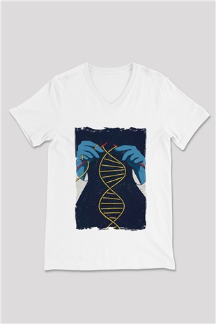 Dna Sarmalı Örgü Baskılı Unisex Beyaz V Yaka Tişört
