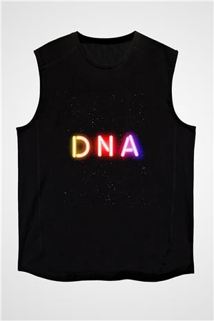 DNA Yazı Neon Baskılı Unisex Kolsuz Siyah Tişört - Tshirt