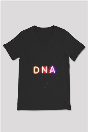 DNA Yazı Neon Baskılı Unisex V Yaka Siyah Tİşört - Tshirt