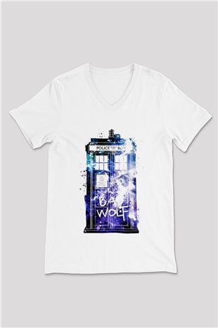 Doctor Who Beyaz Unisex V Yaka Tişört T-Shirt