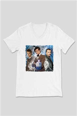 Doctor Who Beyaz Unisex V Yaka Tişört