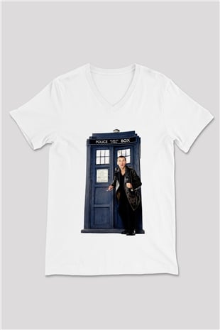 Doctor Who Beyaz Unisex V Yaka Tişört T-Shirt
