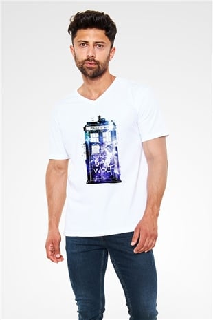 Doctor Who Beyaz Unisex V Yaka Tişört T-Shirt
