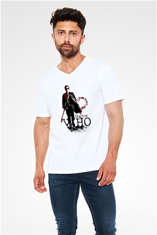 Doctor Who Beyaz Unisex V Yaka Tişört T-Shirt