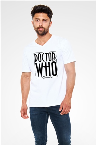 Doctor Who Beyaz Unisex V Yaka Tişört T-Shirt