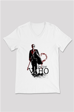 Doctor Who Beyaz Unisex V Yaka Tişört T-Shirt