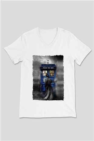 Doctor Who Beyaz Unisex V Yaka Tişört