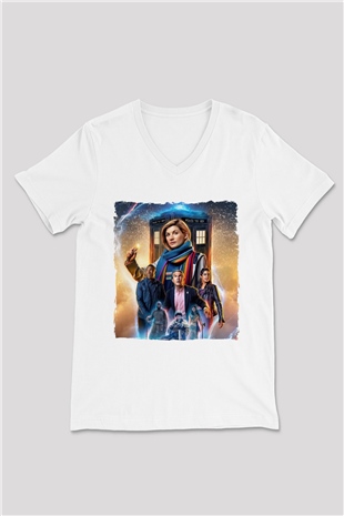 Doctor Who Beyaz Unisex V Yaka Tişört