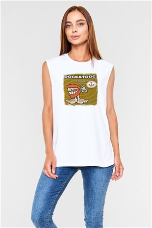 Dog Eat Dog Baskılı Unisex Beyaz Kolsuz Tişört