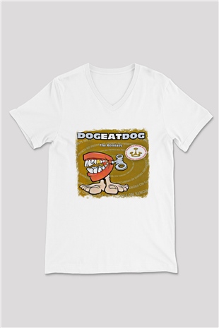 Dog Eat Dog Baskılı Unisex Beyaz V Yaka Tişört