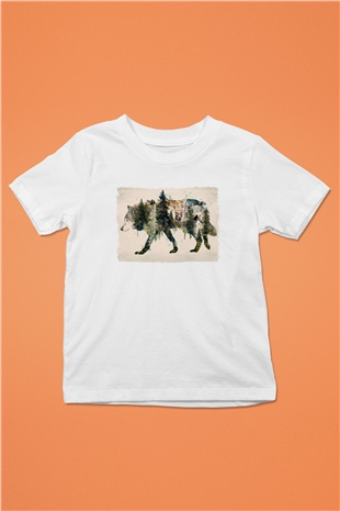 Doğa ile İç İçe Kurt Baskılı Unisex Beyaz  Çocuk Tişört
