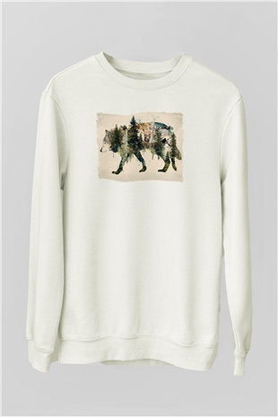Doğa ile İç İçe Kurt Baskılı Unisex Beyaz  Sweatshirt
