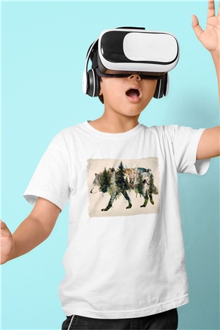 Doğa ile İç İçe Kurt Baskılı Unisex Beyaz  Çocuk Tişört