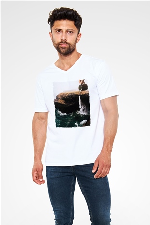 Doğa Manipülasyon Baskılı Unisex Beyaz  V Yaka Tişört