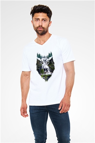 Doğa ve Kurt Baskılı Unisex Beyaz  V Yaka Tişört