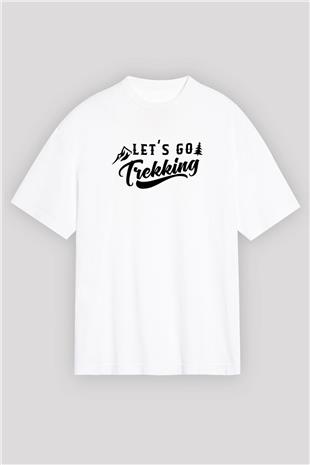 Doğa Yürüyüşü Baskılı Unisex Beyaz Oversize Tişört - Tshirt