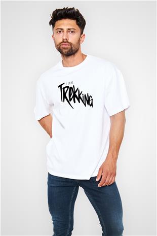 Doğa Yürüyüşü Baskılı Unisex Beyaz Oversize Tişört - Tshirt
