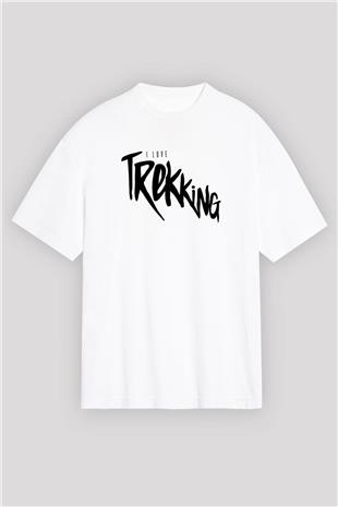 Doğa Yürüyüşü Baskılı Unisex Beyaz Oversize Tişört - Tshirt