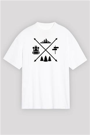 Doğa Yürüyüşü Baskılı Unisex Beyaz Oversize Tişört - Tshirt