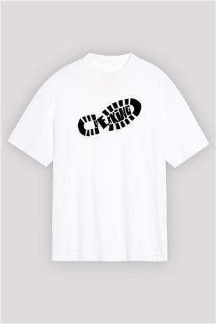 Doğa Yürüyüşü Baskılı Unisex Beyaz Oversize Tişört - Tshirt