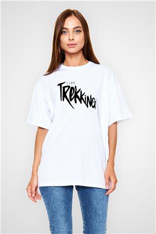 Doğa Yürüyüşü Baskılı Unisex Beyaz Oversize Tişört - Tshirt