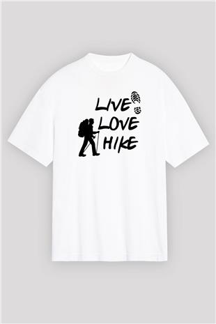 Doğa Yürüyüşü Baskılı Unisex Beyaz Oversize Tişört - Tshirt