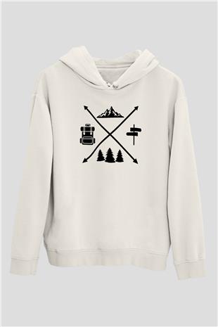 Doğa Yürüyüşü Baskılı Unisex Ekru Hoodie