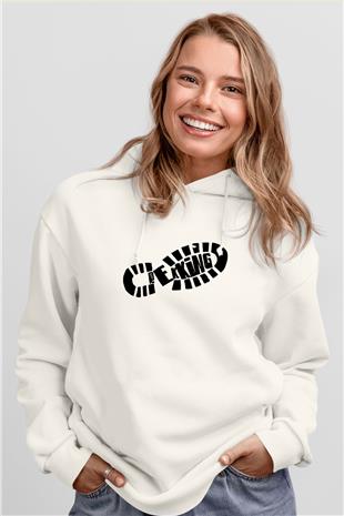 Doğa Yürüyüşü Baskılı Unisex Ekru Hoodie