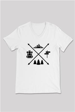Doğa Yürüyüşü Baskılı Unisex V Yaka Tişört - Tshirt
