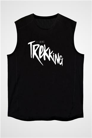 Doğa Yürüyüşü - Trekking Baskılı Unisex Siyah Kolsuz Tişört