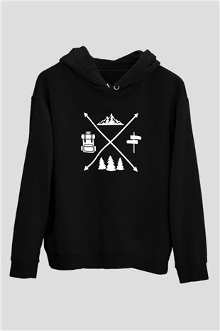 Doğa Yürüyüşü - Trekking Baskılı Unisex Siyah Kapüşonlu Sweatshirt