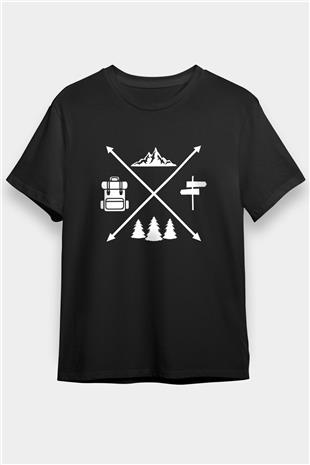 Doğa Yürüyüşü - Trekking Baskılı Unisex Siyah Tişört - Tshirt